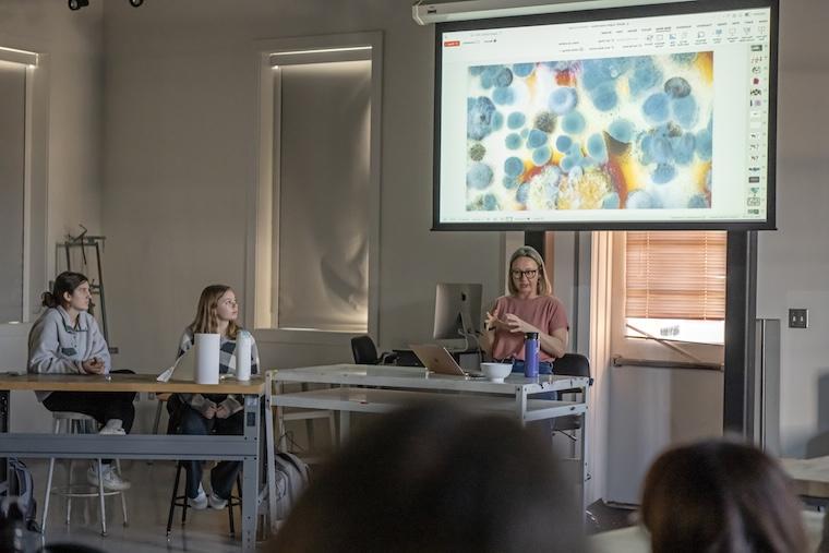 artist gestures while speaking to group under powerpoint showing her art